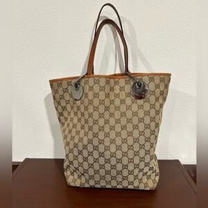 Gucci Vintage Tote Classic Beige GG Logo Canvas Orange Leather Trim Medium Size
